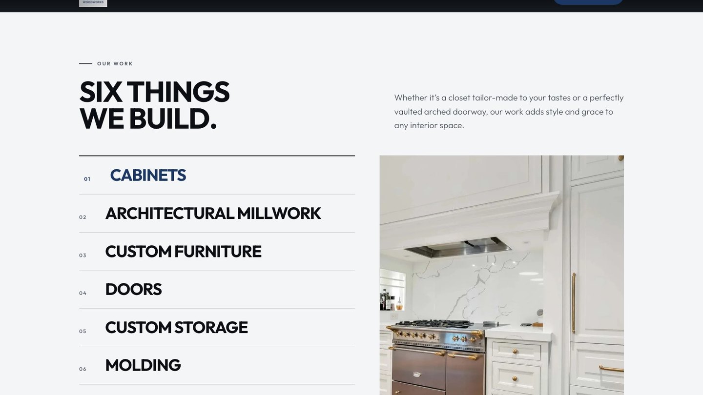 The six work categories section of the new homepage